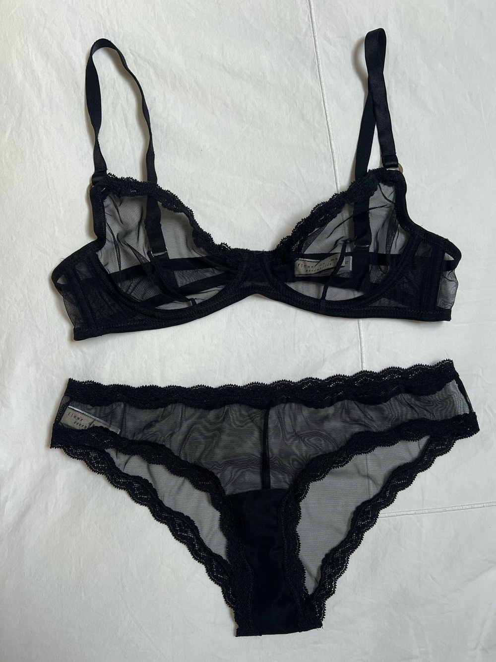 Fleur du Mal Lingerie Set Black Sheer Tulle Demi Bra and Panty